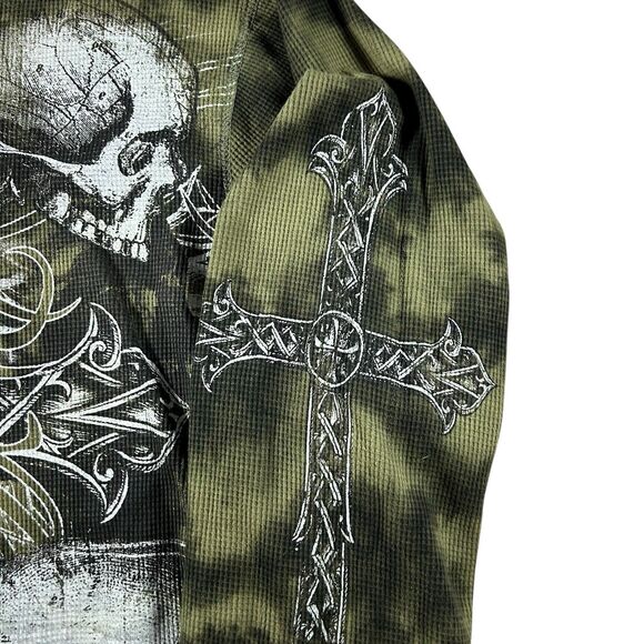 MMA Elite Thermal Long Sleeve Mens XXL Green Waffle Knit Skull Cross Grunge Y2K - Picture 4 of 11
